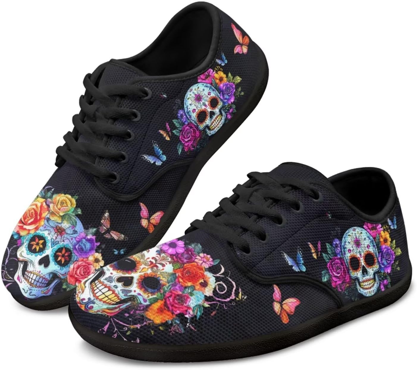 

Кроссовки Binienty с шнуровкой для женщин и мужчин, с нулевой посадкой, босоножки, широкая подошва, плоская подошва, Sugar Skull Colorful Floral Butterfly