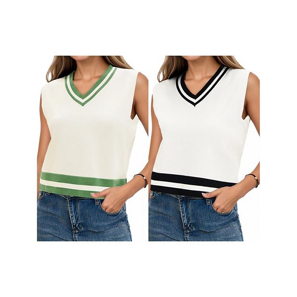 

2 упаковки женских укороченных свитеров-жилетов с v-образным вырезом и цветными блоками Athlechic, White Black Beigegreen