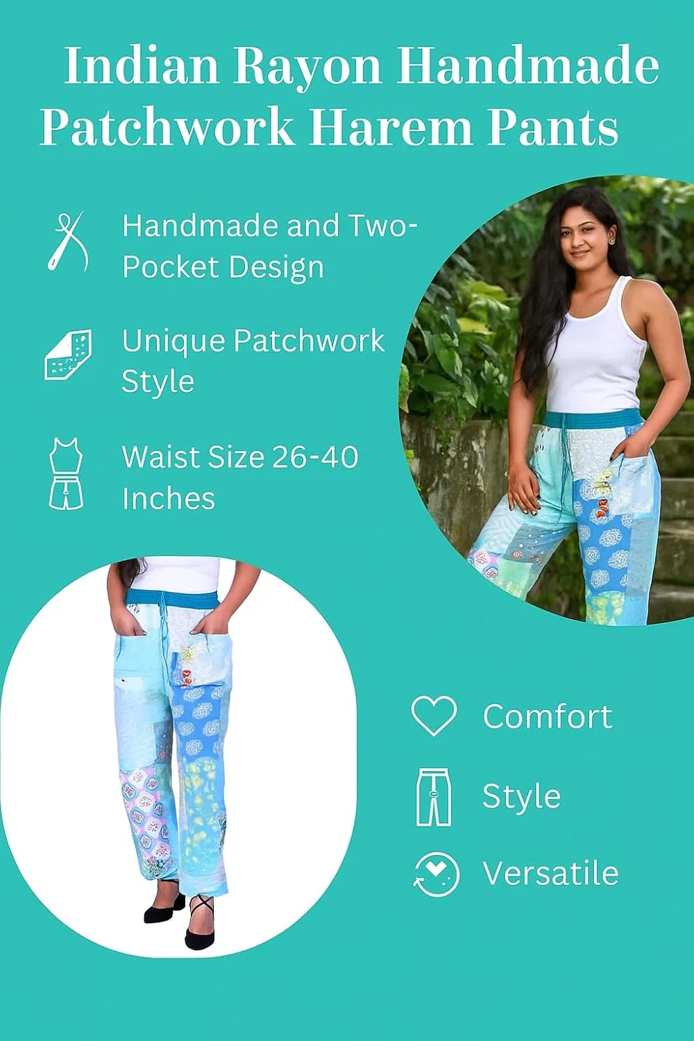 RAJBHOOMI HANDICRAFTS Бохо-брюки для женщин - Хиппи-брюки для женщин, Бохо-джоггеры, Богемная струящаяся одежда в стиле хиппи, Брюки для йоги, бирюзовый — фото 3