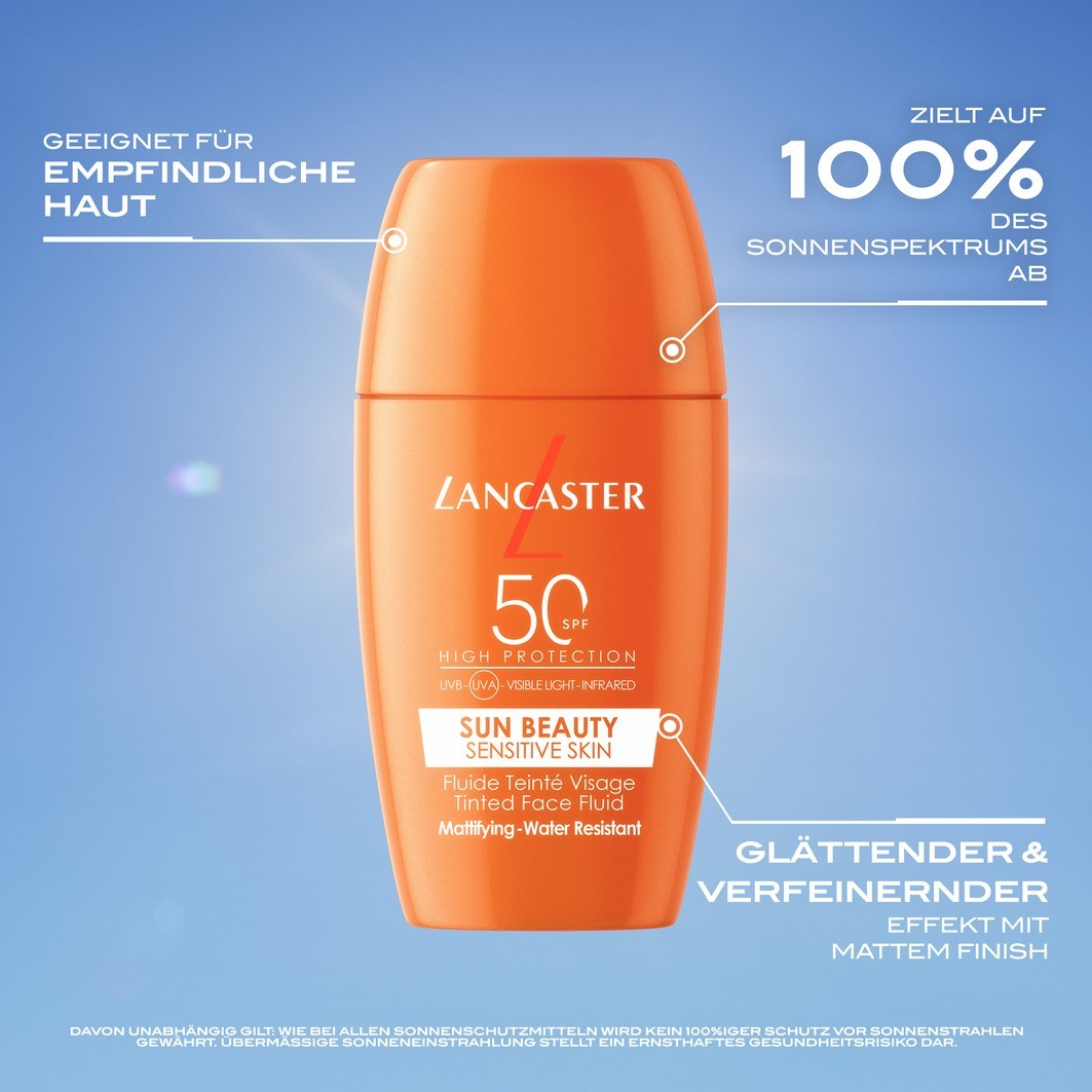 Солнцезащитный крем sun care sun sensitive tinted mattifying fluid spf 50 Lancaster, объем 30 мл — фото 3