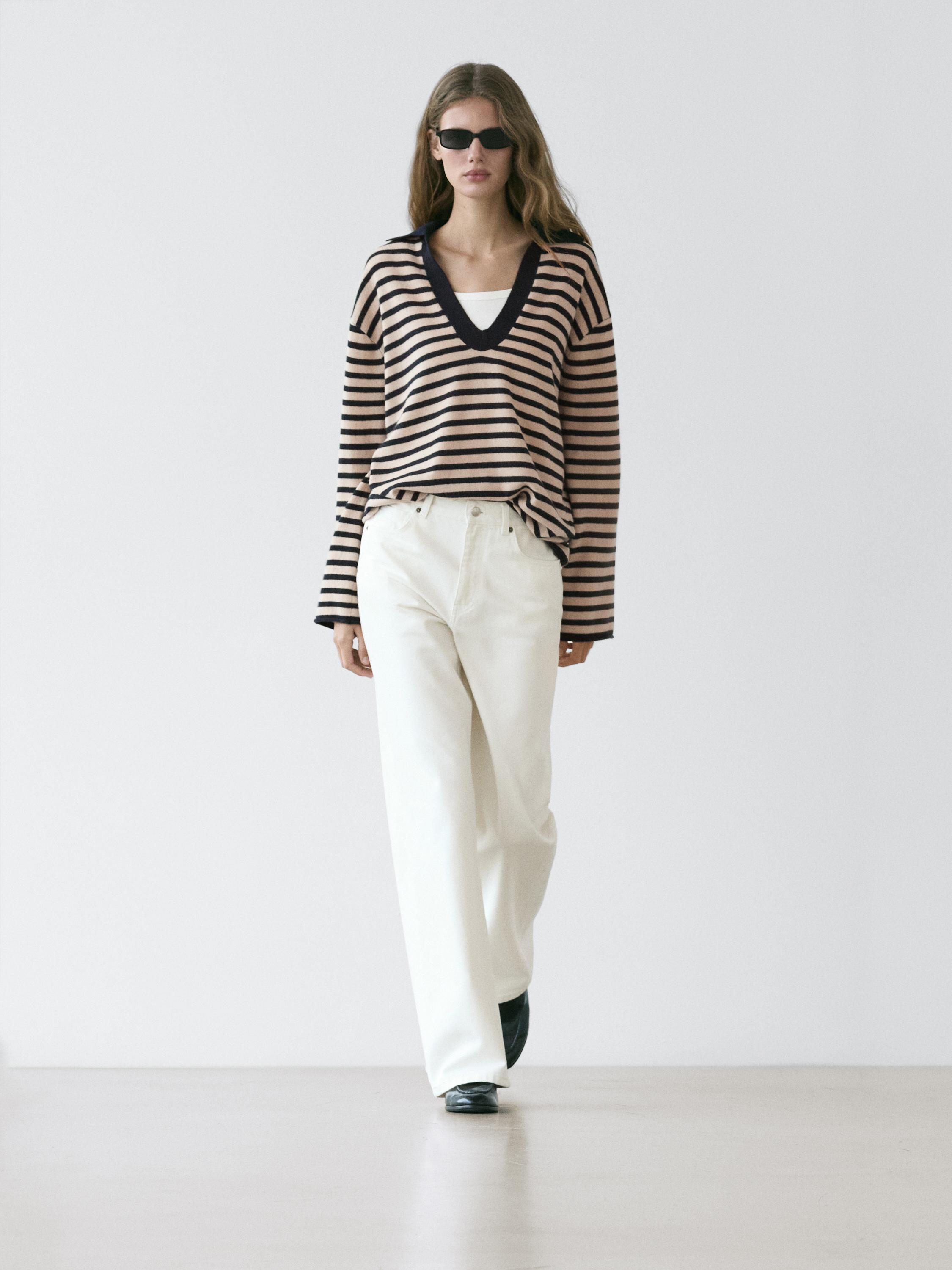 

Вязаный свитер в полоску с V-образным вырезом Massimo Dutti, navy blue