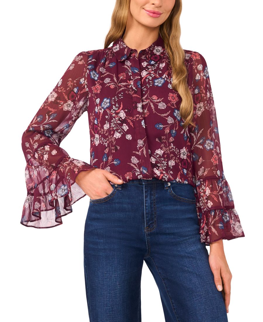 

Женская блузка с длинными рукавами, двойной оборкой на манжетах и пуговицами CeCe, Potent Purple