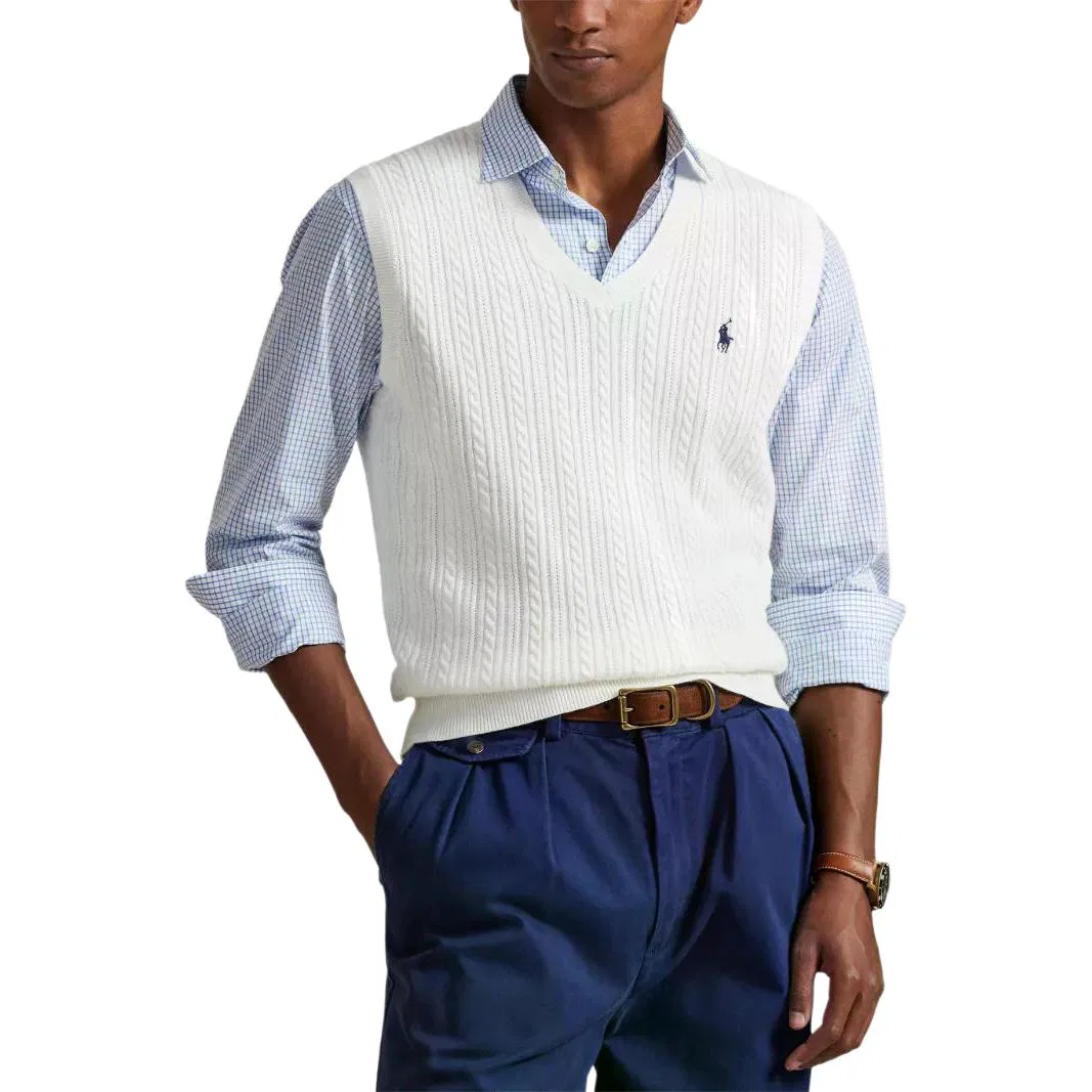 Топ-жилет с кабельной вязкой и вышитым логотипом Polo Ralph Lauren, бело-синий — фото 4