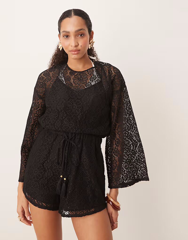 

Мини-комбинезон с длинными рукавами и шнурком ASOS DESIGN черного цвета