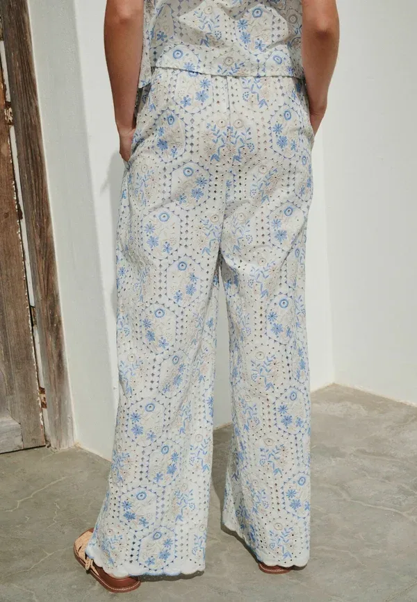 Брюки Next Petite fit embroidered wide leg, цвет экрю нейтральный синий — фото 3