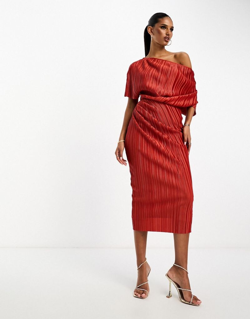 

Плиссированное платье миди с приспущенными плечами ASOS DESIGN
