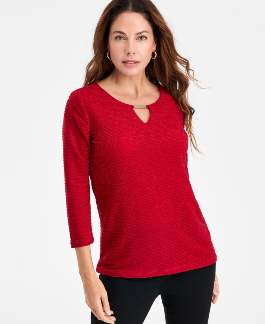 

Женская полосатая блестящая жаккардовая блузка с вырезом-капелькой JM Collection, Canyon Red Combo