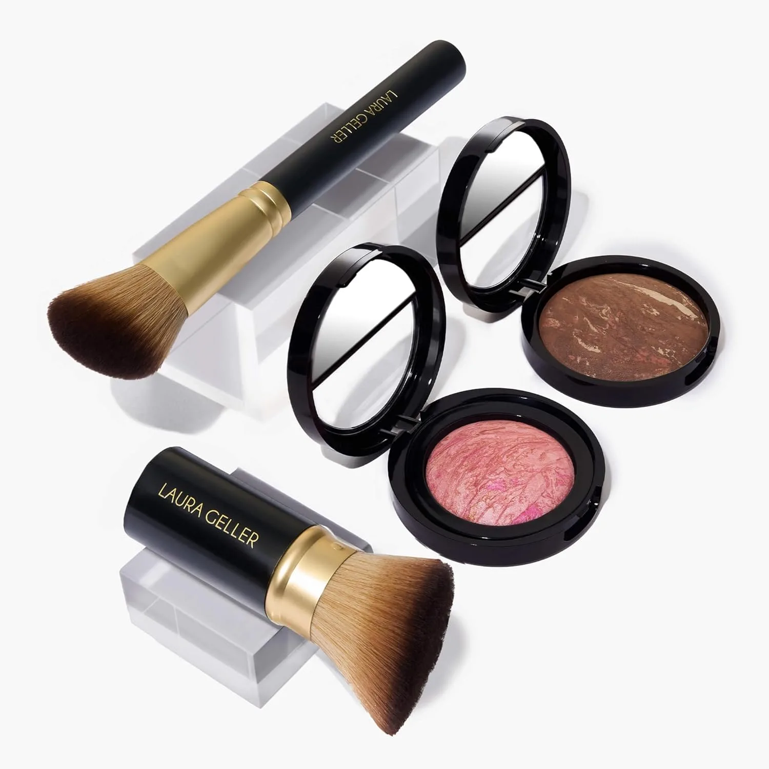 Набор Fast Face от LAURA GELLER NEW YORK: тональная пудра Baked Balance-n-Brighten, Toffee + румяна Baked Blush-n-Brighten, Pink Buttercream + кисть Airbrush Kabuki + скошенная кисть для румян, brown, pink