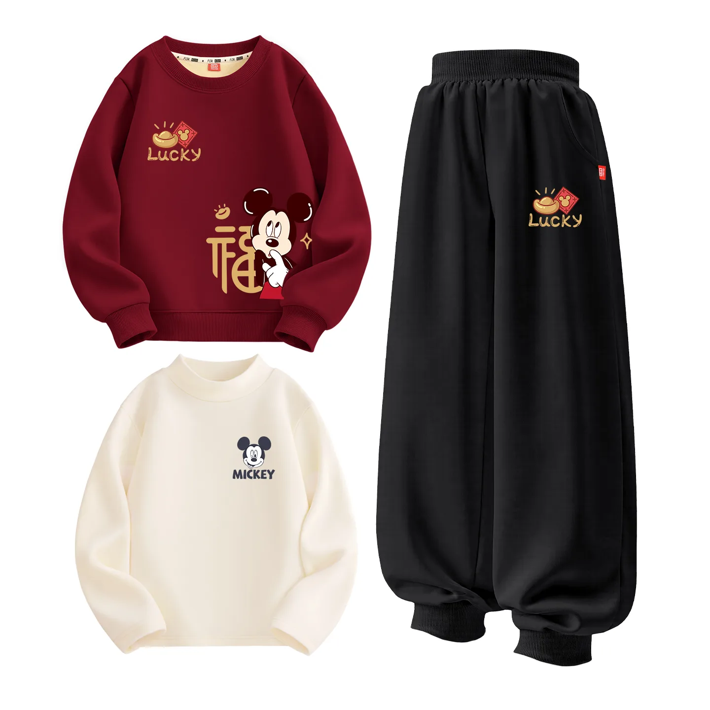 Детский спортивный костюм с круглым вырезом Disney, [Thickened and Fleece-Lined Three-Piece Set]Dubai Year Star K Burgundy+Dubai Starlight K Graphite Gray+Dubai Big Smile K Milk White — фото 3
