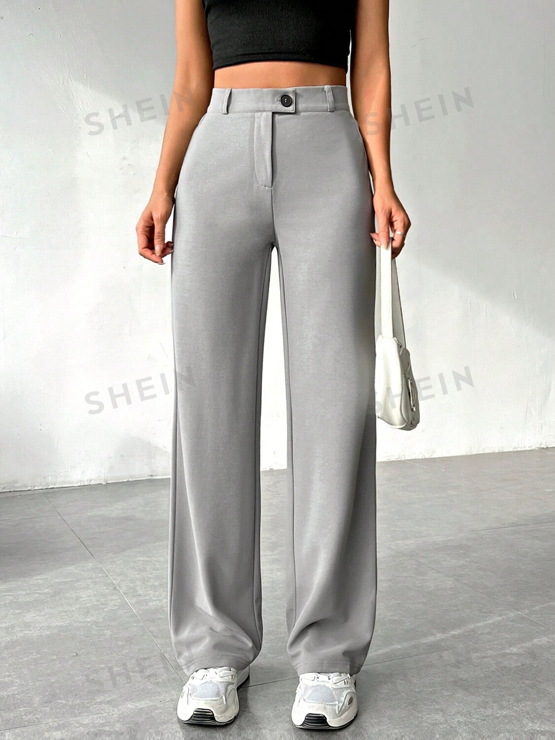 

EZwear Женские брюки, Однотонные, прямого кроя, повседневные Shein, серый