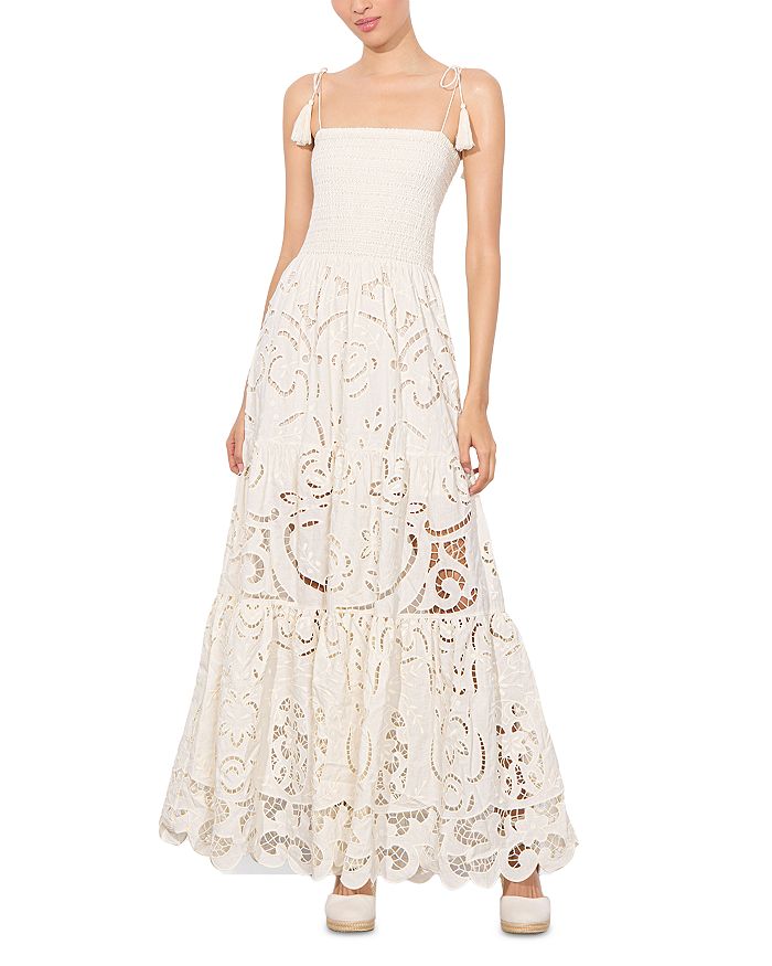 

Платье макси Marna с ярусной отделкой и ажурными вставками Alice and Olivia, слоновая кость/кремовый
