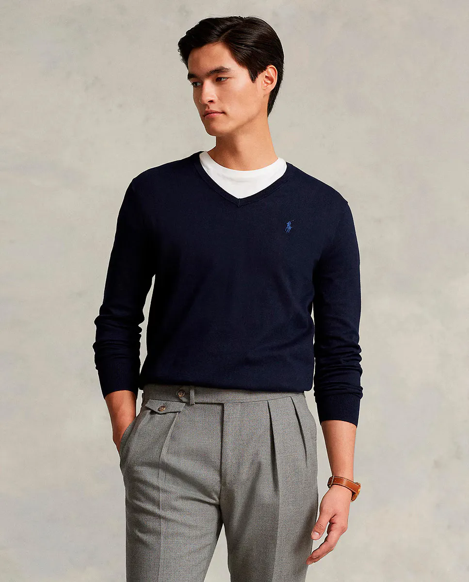 Мужской хлопковый свитер с V-образным вырезом Polo Ralph Lauren, темно-синий — фото 4