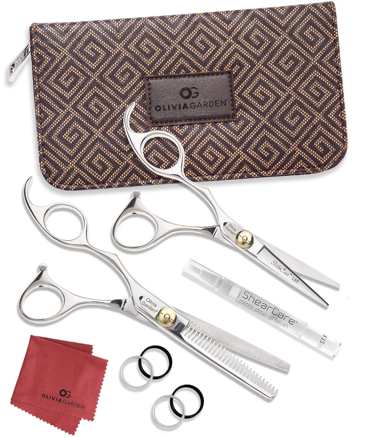 Набор для начинающих Olivia Garden SilkCut Shears - включает профессиональные ножницы для стрижки волос, филировочную машинку, футляр и аксессуары - острые как бритва ножницы для левшей 5" для левшей (модель SKC01LH), Silver