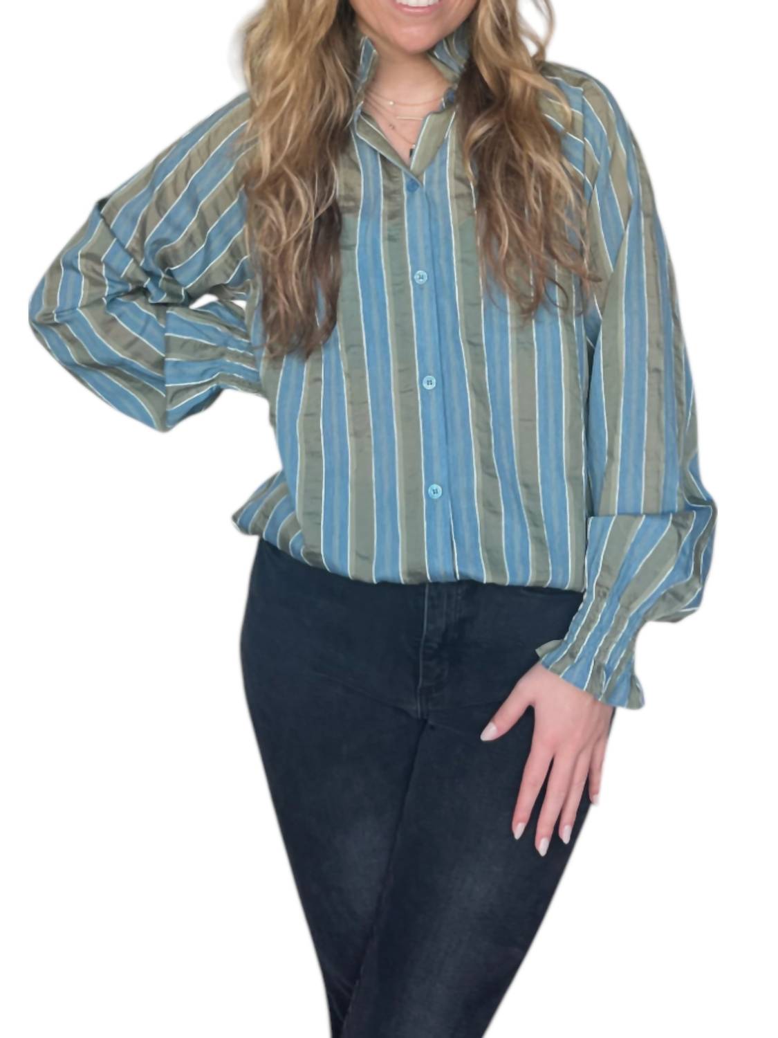 

Gracie Полосатая Рубашка с Пуговицами в Зелено-голубом цвете Jade
