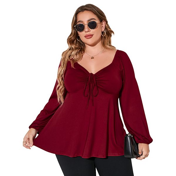 

Блузка женская plus size с длинным рукавом, V-образным вырезом и рюшами Xuba, Wine Red
