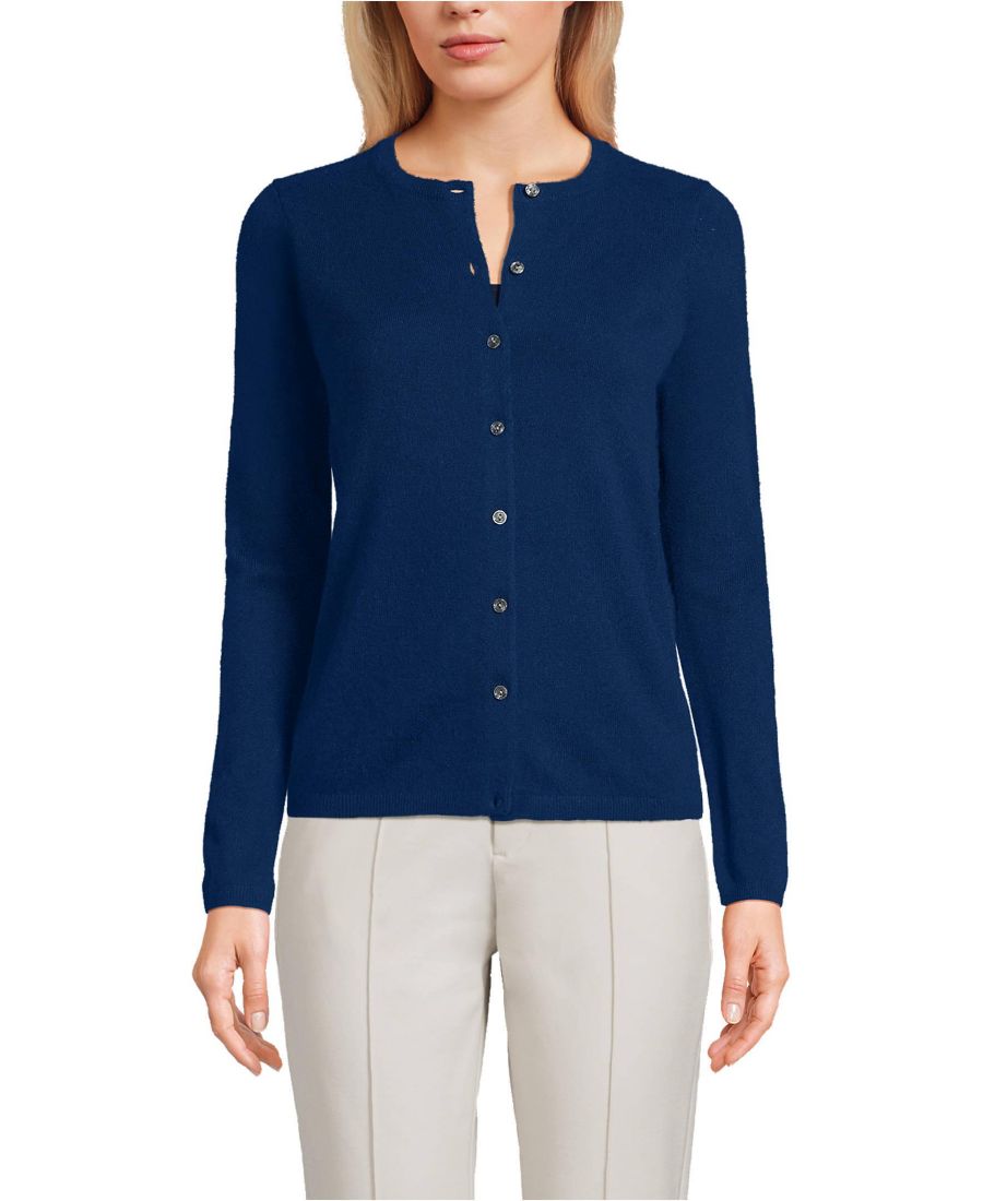 

Женский высокий классический кашемировый кардиган Lands' End, Deep sea navy