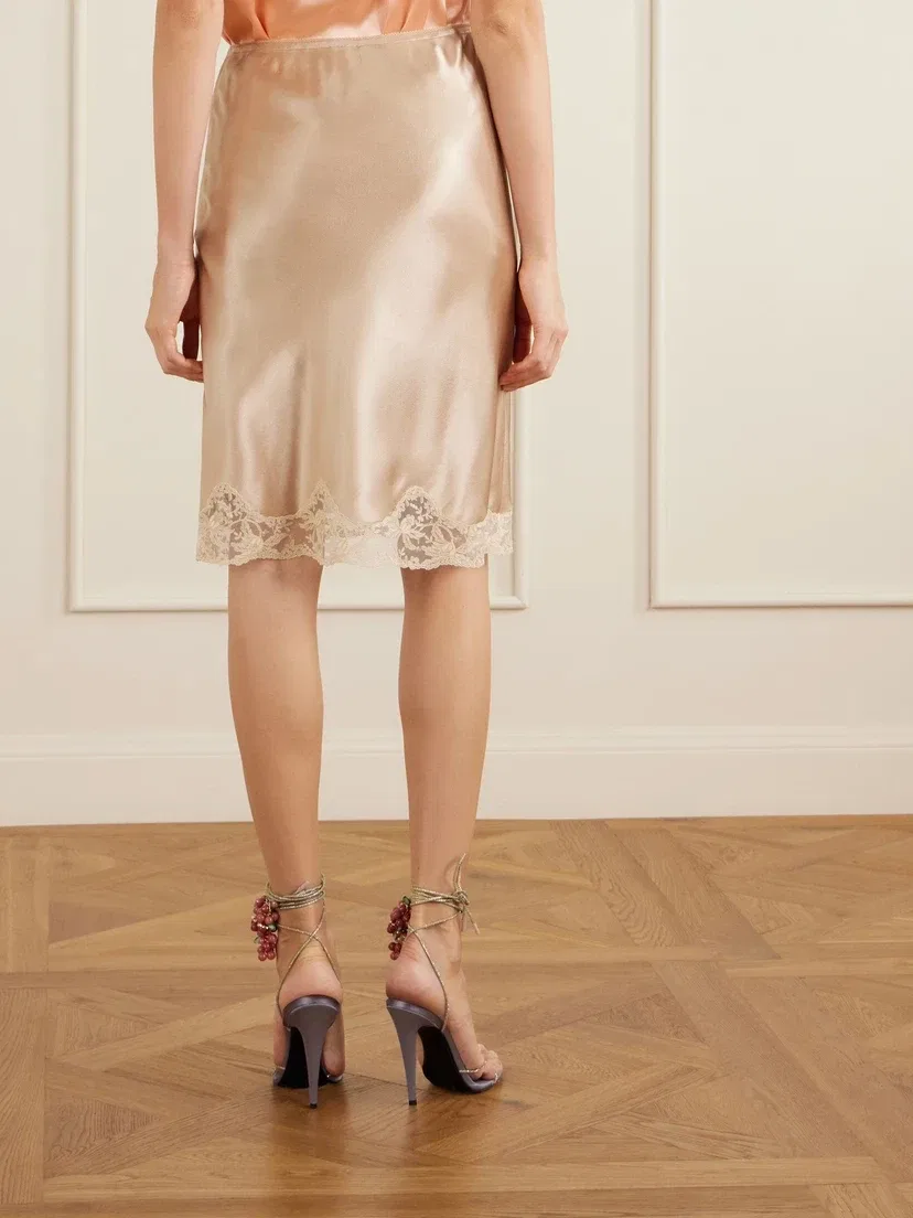Юбка из шелкового атласа с кружевной отделкой SAINT LAURENT, бежевый — фото 3