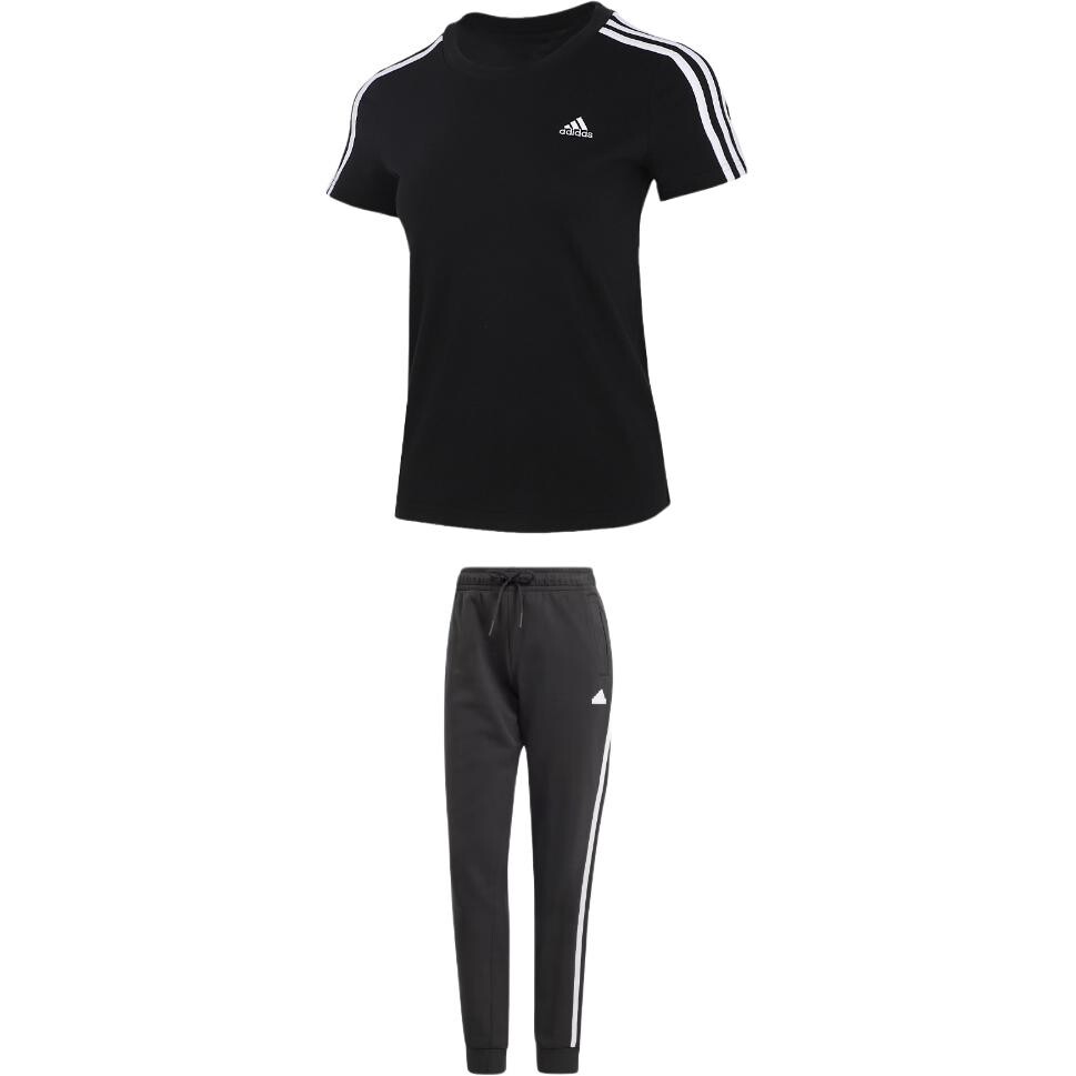 

Повседневный женский комплект: черная футболка и черные брюки Adidas