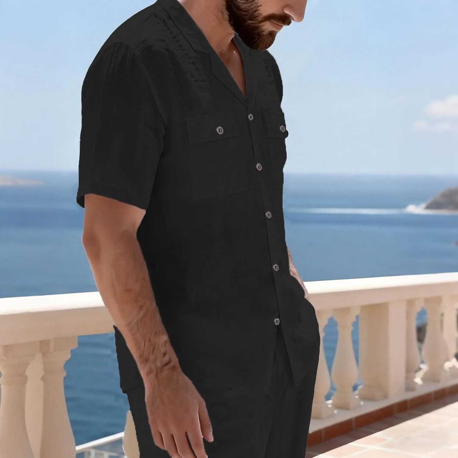Черная хлопковая льняная рубашка для мужчин: модный V-образный вырез, короткий рукав, туника в стиле бохо с карманами — фото 3