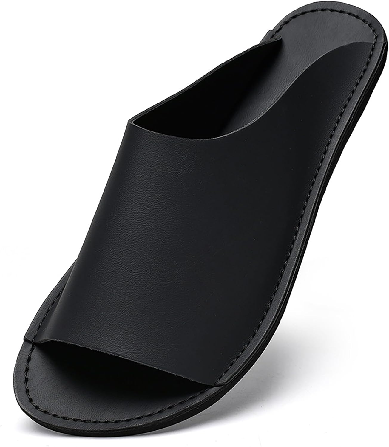 

Мужские сандалии QEOSNBX из натуральной кожи, классические с плоской подошвой, открытым носком, удобные, с мягкой подошвой, противоскользящие, повседневные, легкие, для пляжа, прогулок и отпуска летом, черный