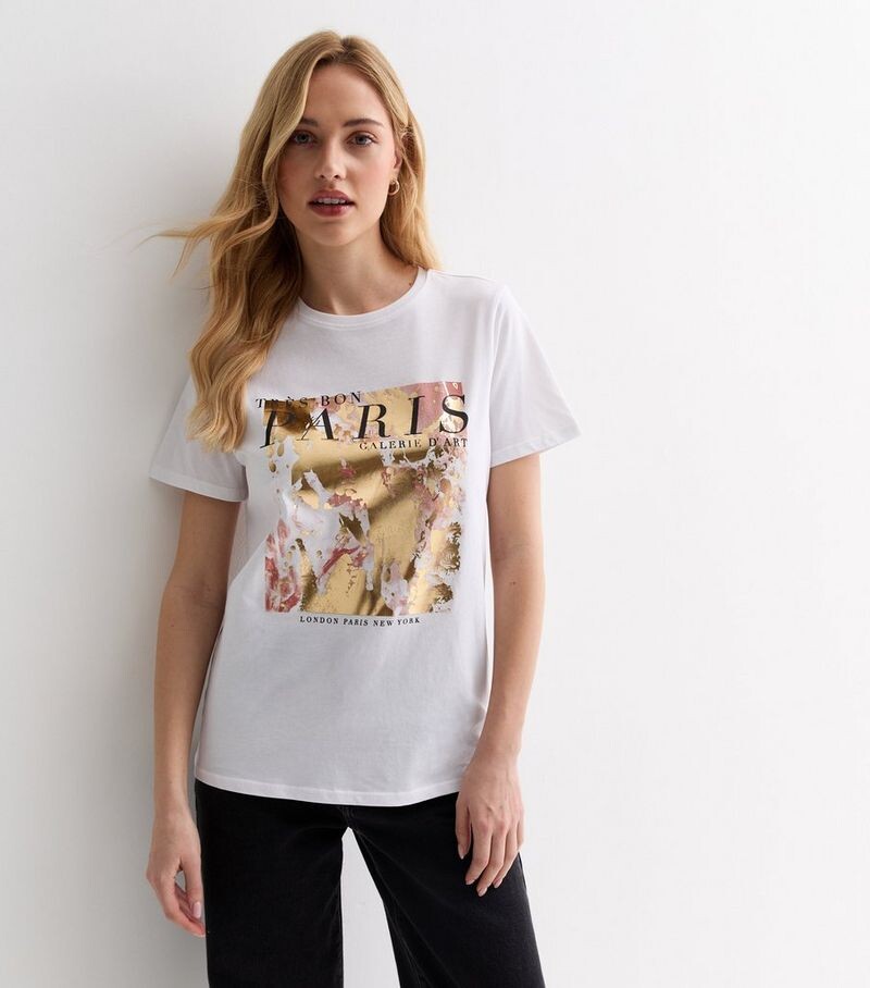 

Белая хлопковая футболка с логотипом Paris из золотой фольги New Look, белый