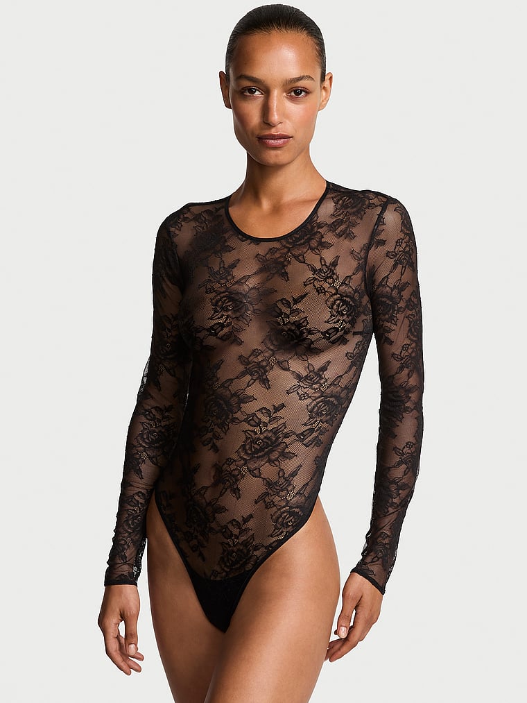 

Боди с длинными рукавами из розового кружева Very Sexy, черный