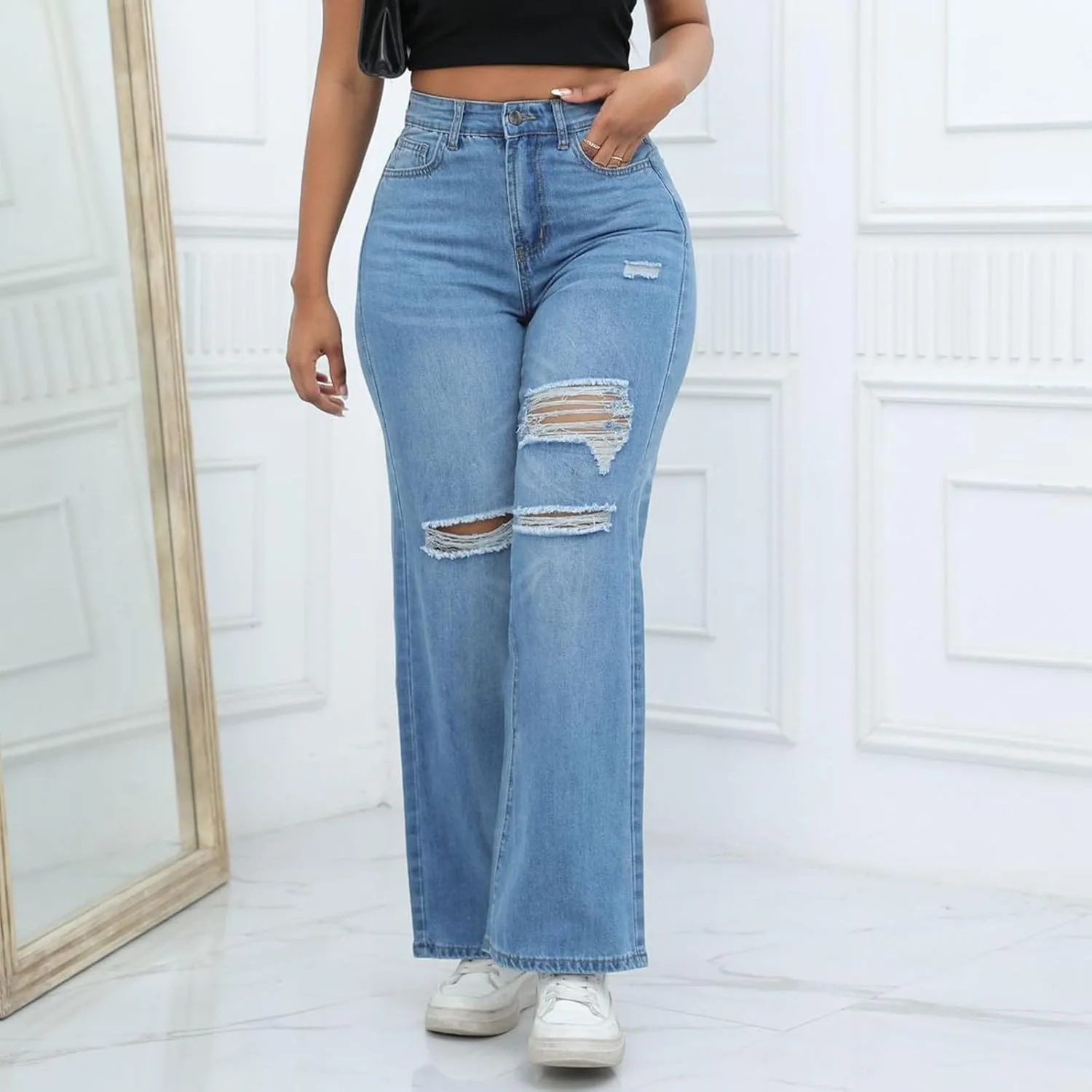 Рваные широкие джинсы для женщин High Waisted с эффектом подтяжки — фото 3