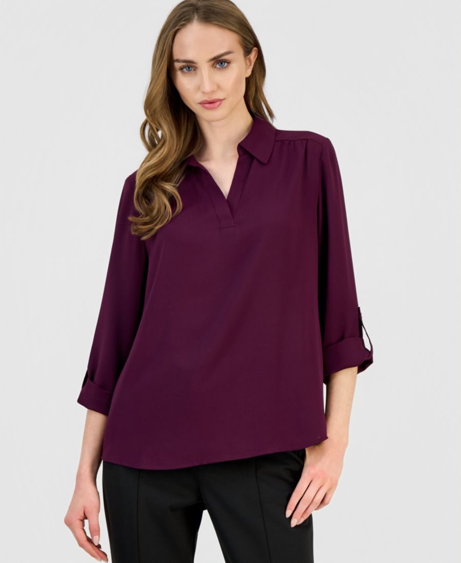 

Рубашка с коротким воротником и закатанными рукавами AK Anne Klein, Deep Plum