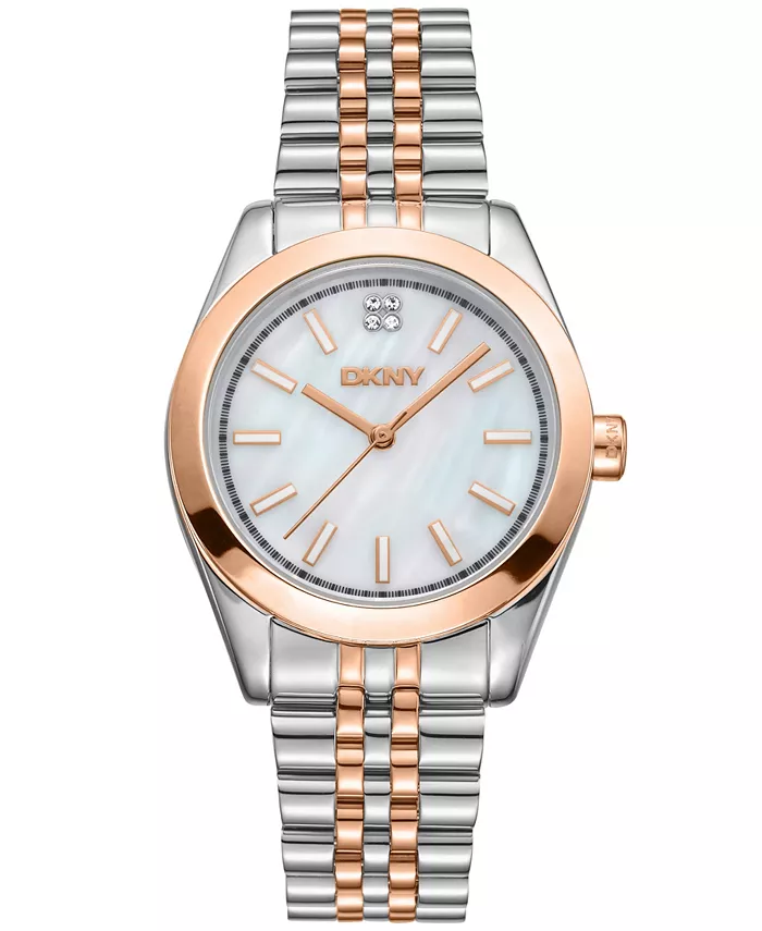 

Женские часы Nolita Midi с белым циферблатом MOP, красно-золотое двухцветное браслетное исполнение, корпус 32 мм DKNY