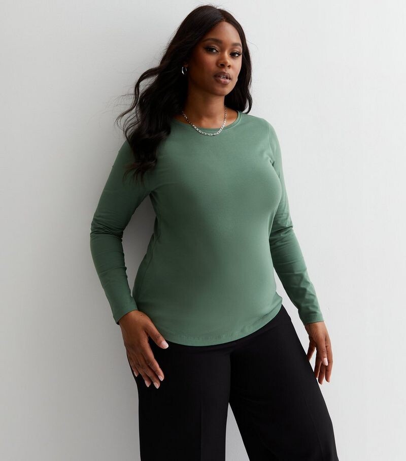 

Топ цвета хаки с круглым вырезом и длинными рукавами Curves New Look, хаки