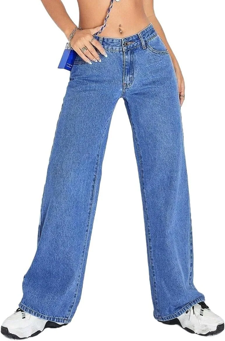 Женские джинсы прямого кроя мешковатые однотонные широкие Generic, Medium Wash