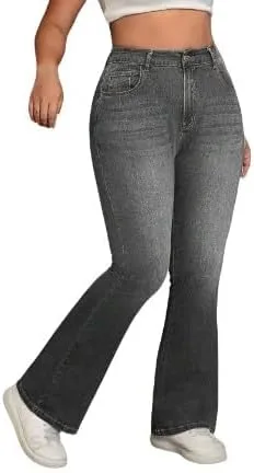 

Джинсы Plus Size с высокой талией и расклешенными штанинами для повседневной носки - Dark Wash