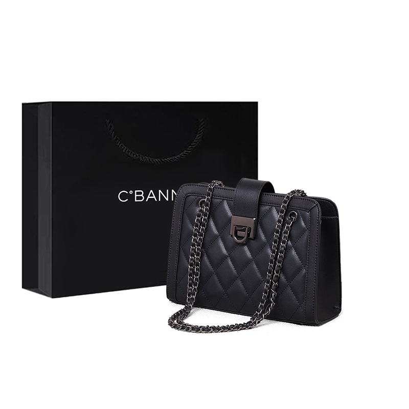 

C°BANNER Кожаная коровья малая квадратная сумка подмышечная через плечо женская экрю, Black-12560