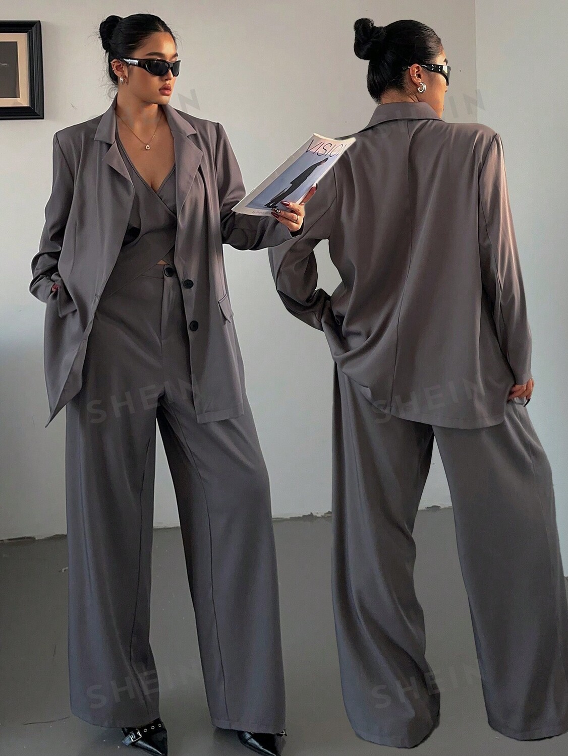 

EZwear Костюм с брюками и жилетом, однотонный, для больших размеров Shein, серый