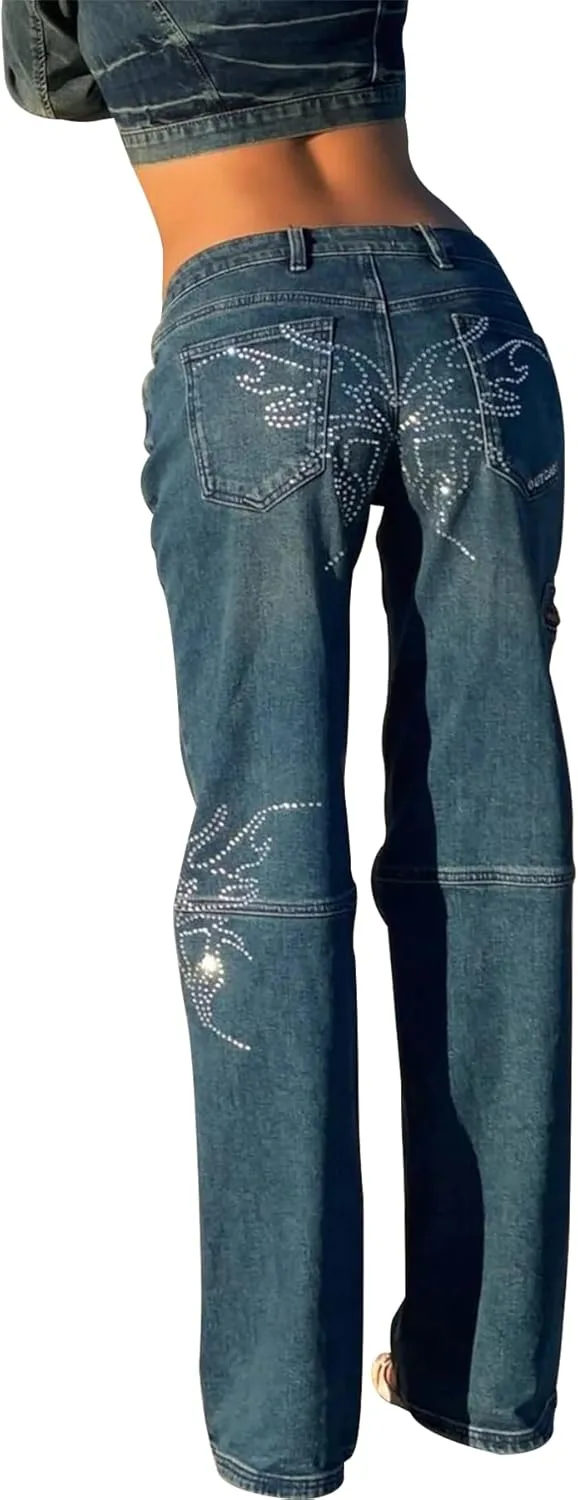 

Женские джинсы low rise y2k baggy butterfly diamond straight wide leg vintage Lymeral