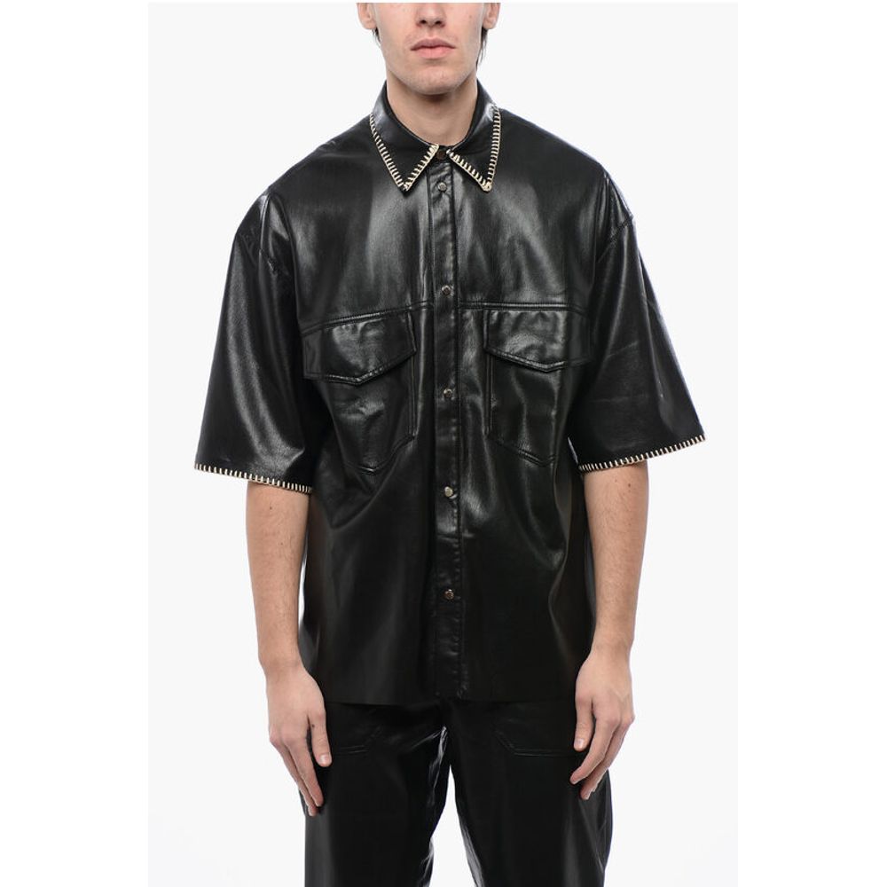 

Рубашка из искусственной кожи с короткими рукавами и строчкой из рафии Nanushka, Black