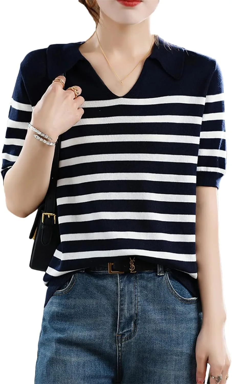 

Женский летний полосатый короткий рукав свитер 100% хлопок