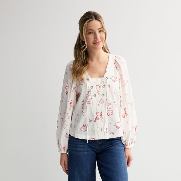 

Женский топ со шнуровкой и длинными рукавами Sonoma Goods For Life, цвет white red print