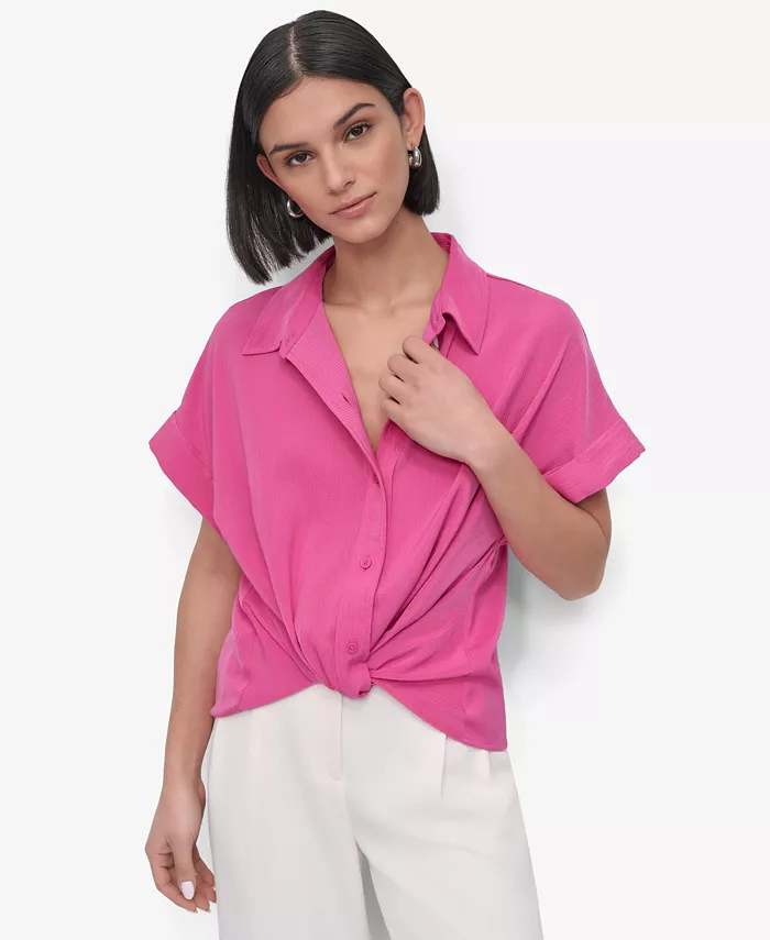 

Женская текстурированная рубашка с асимметричным подолом Camp Shirt DKNY, розовый