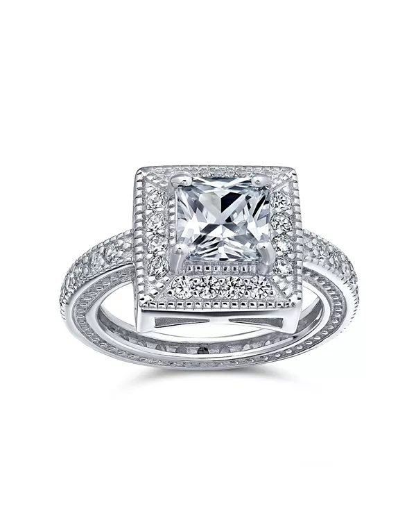 

Кольцо-Обещание с кубическим цирконием 2 карата в стиле ар-деко, огранка «принцесса», квадратный ореол из стерлингового серебра Bling Jewelry, colorless