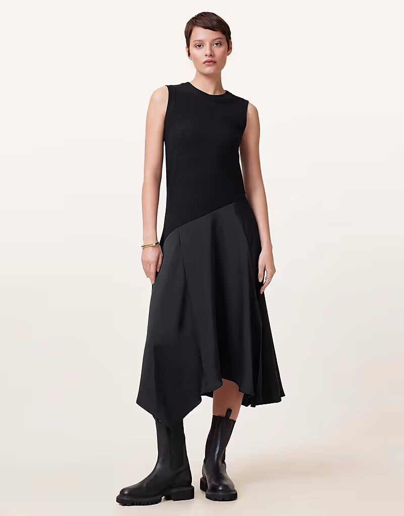 

Платье макси AllSaints Pia из атласа с заниженным подолом черного цвета