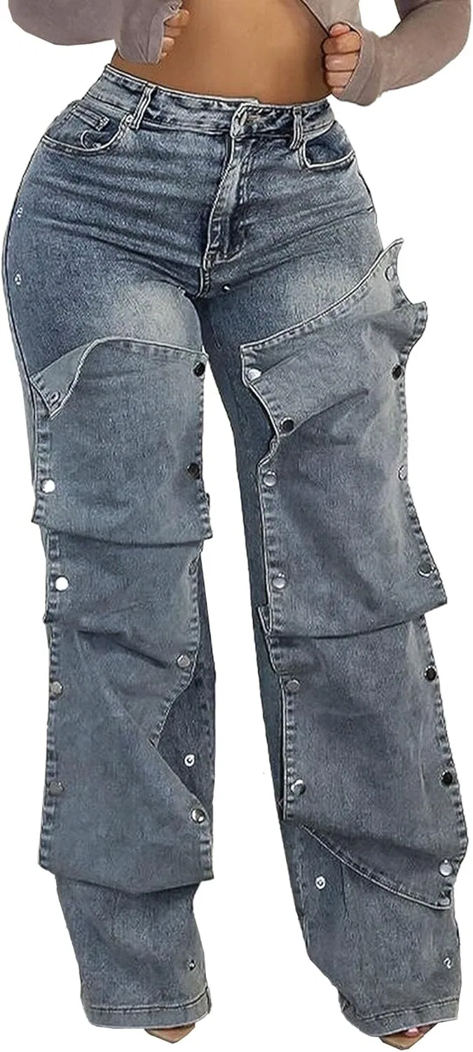 Джинсы с высокой талией, широкие, cargo, Blue