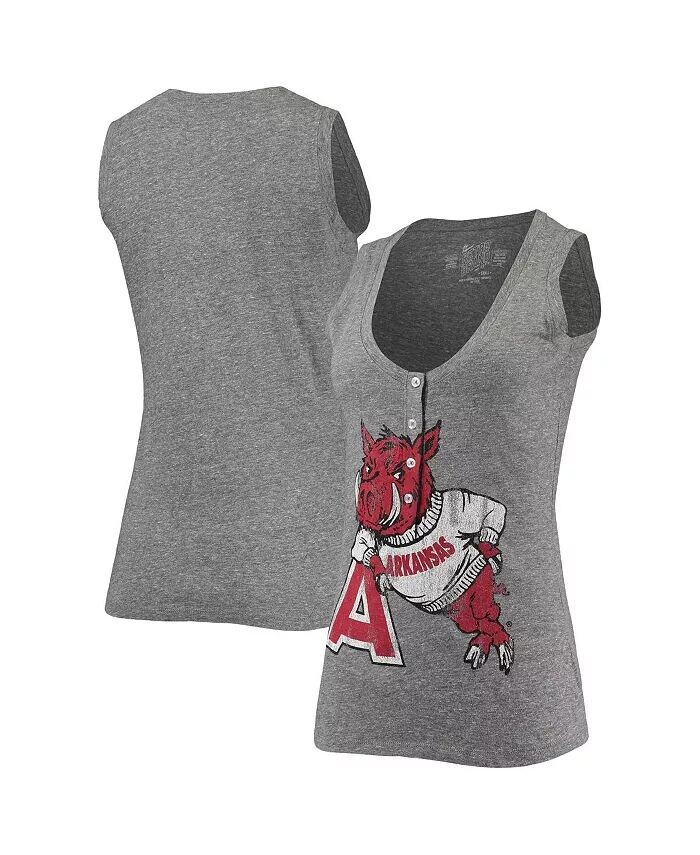 

Женская свободная майка Henley Tri-Blend с v-образным вырезом и логотипом Arkansas Razorbacks серого оттенка Arkansas Razorbacks Original Retro Brand