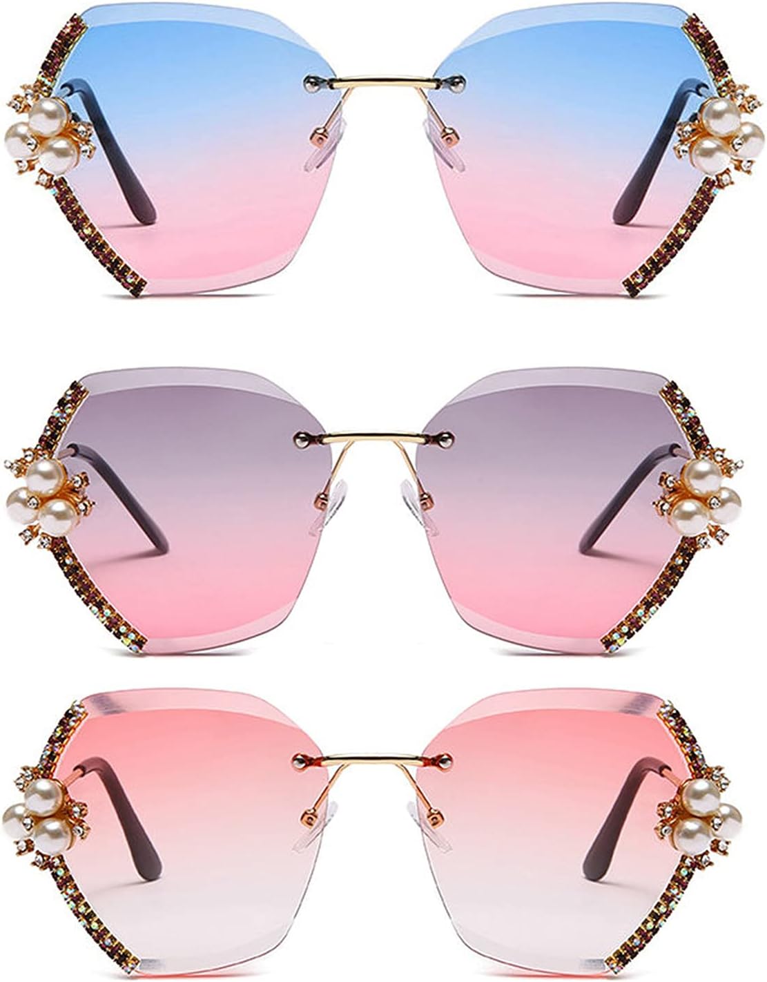 

Willochra Безободковые роскошные солнцезащитные очки со стразами для женщин, модные хрустальные солнцезащитные очки в винтажном стиле с градиентными линзами, 3pack-purple Pink&blue Pink&pink