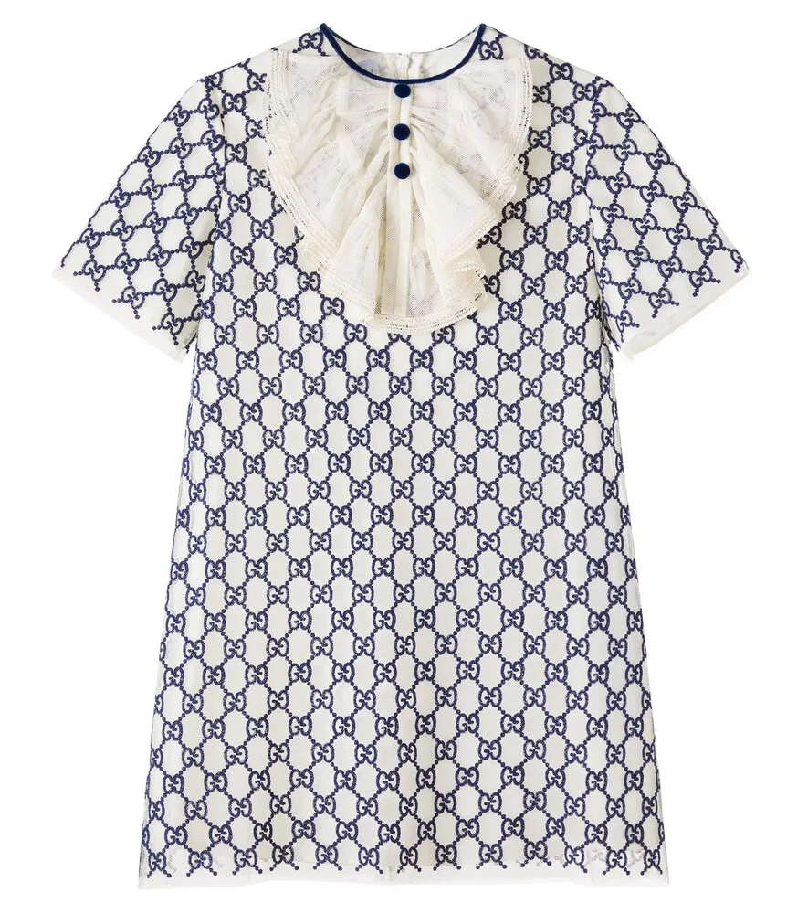 Платье GG с вышивкой и отделкой из тюля Gucci Kids, синий