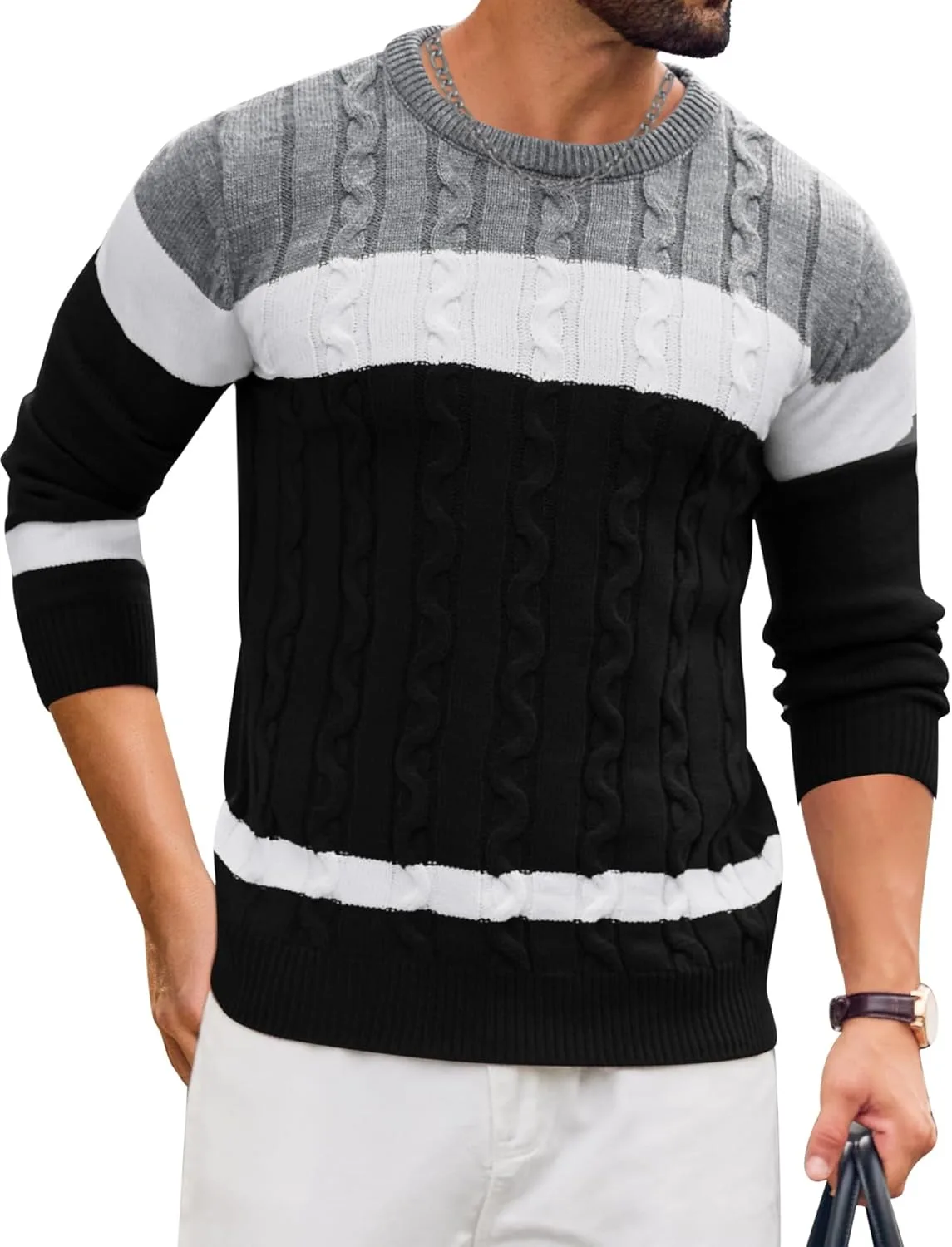 

LecGee мужской свитер с контрастными вставками и кабельной вязкой