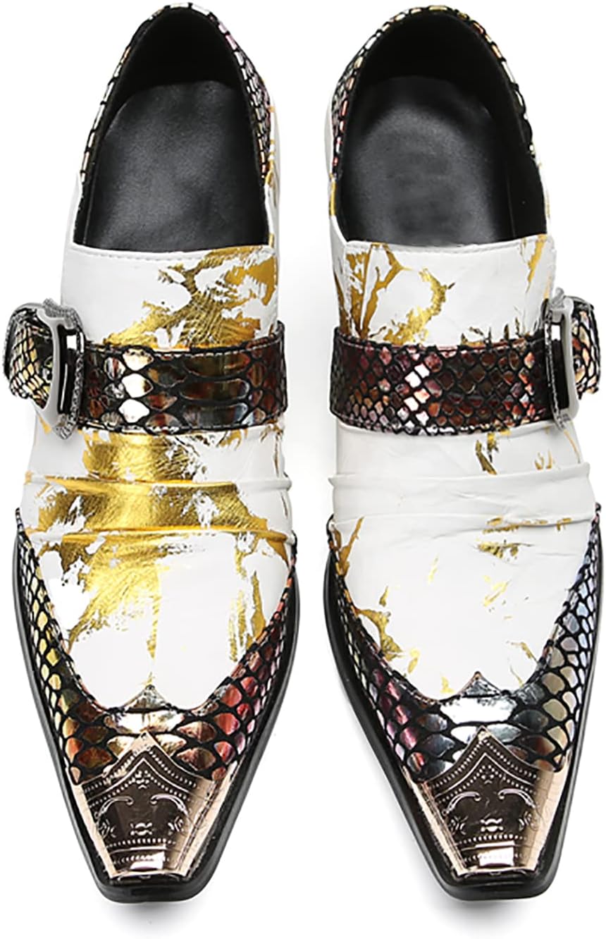 Мужские лоферы Santimon Loafers Party Dress, повседневные слипоны из натуральной кожи, двухцветные мокасины с пряжками, обувь с квадратным носком и каблуком, туфли для выпускного, свадьбы, смокинга, вестерн, бальные и диско для мужчин, белый — фото 4