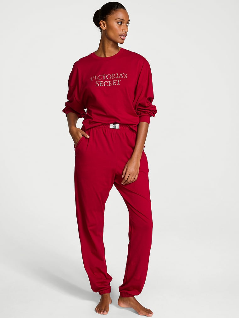

Длинный пижамный комплект из блестящего 100% хлопка Victoria'S Secret, red lacquer w bling patch