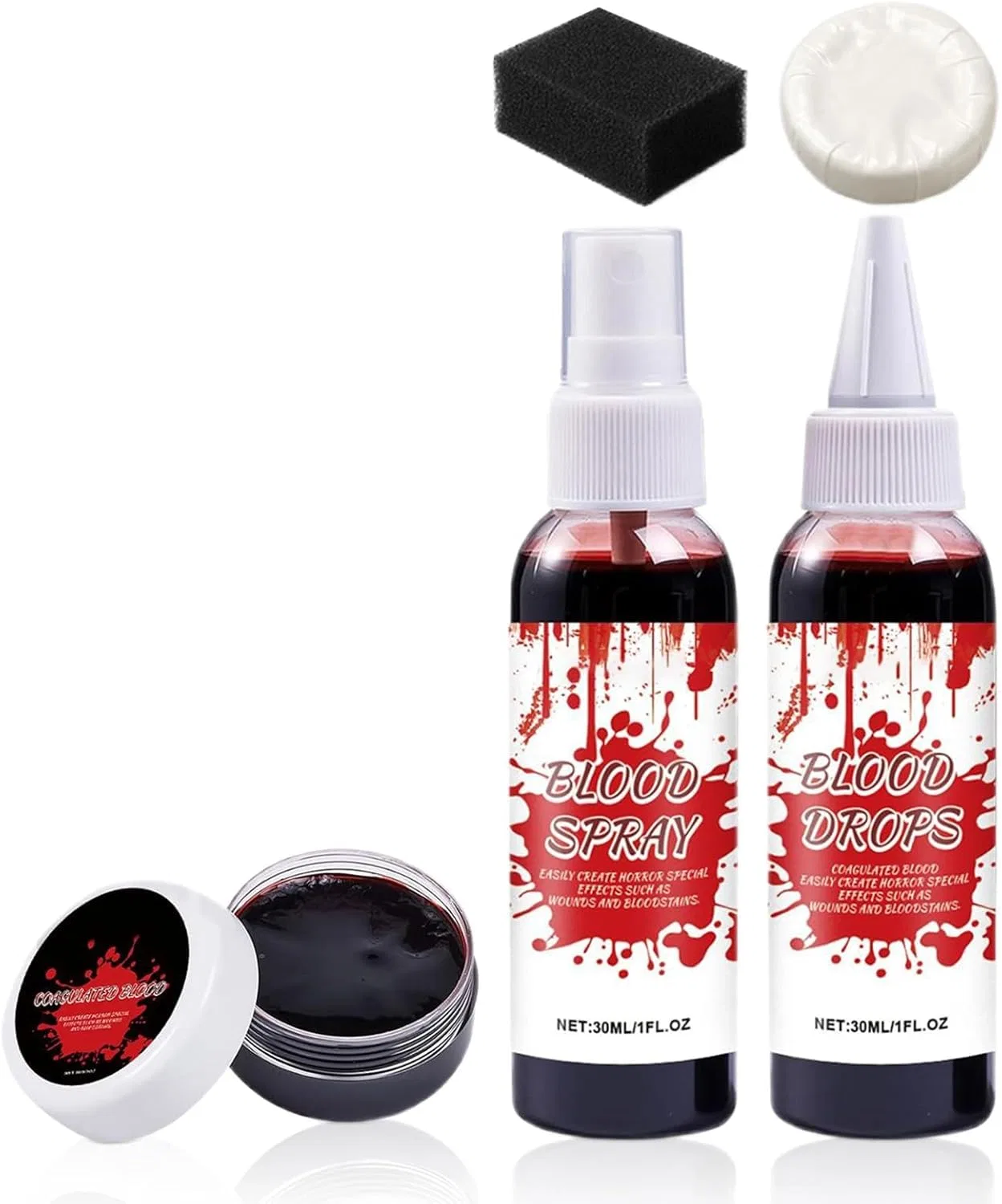 Набор для грима Хэллоуин Fake Blood Kit, 30 мл спрей, 30 мл капли, 30 г кровяной сгусток, 15 г мыло