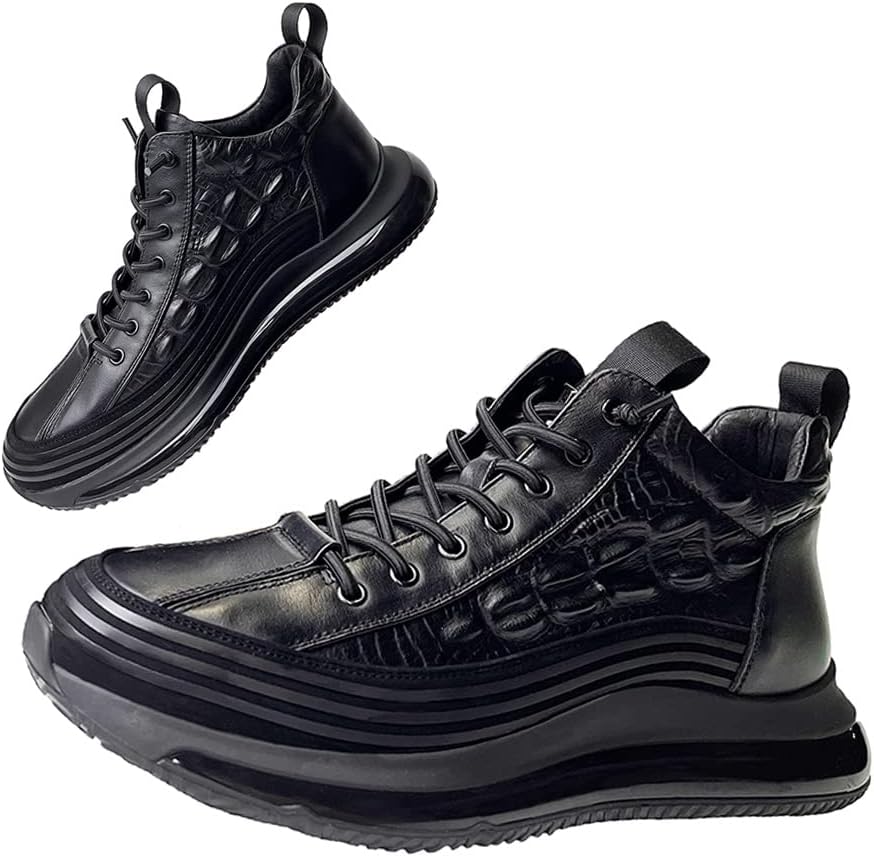 

Мужские кроссовки из коровьей кожи с анималистичным принтом, воздушной подушкой, эластичные, высокие, мягкая кожа, поднимающие рост, с нескользящей подошвой, на шнуровке, повседневные Crazysavage, черный